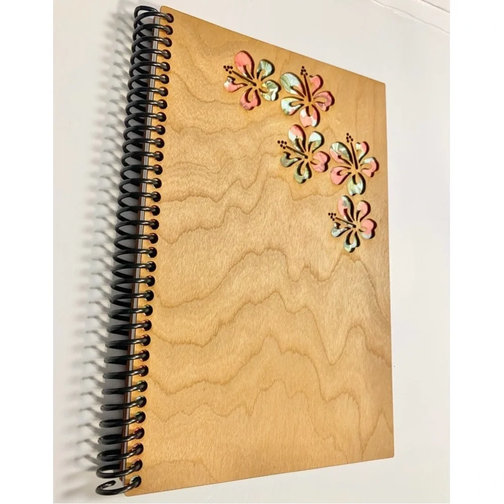 Hibiscus Floral Wooden Cover Spiral Sketchbook Unlined Notebook Journal, [NEW]